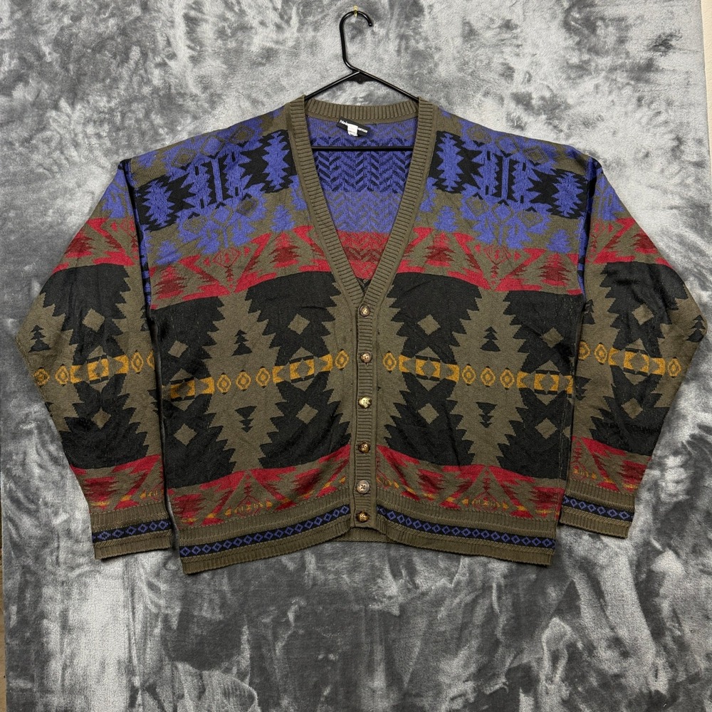 Neiman Marcus Cardigan Sweater Mens XL Olive Multi Southwestern Aztec Cotton USA